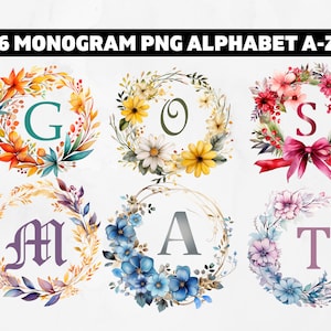 Bundle PNG monogramme couronne, monogramme floral, modèle initial, pochoir lettre, alphabet monogramme, couronne avec lettre, art mural imprimable