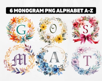 Wreath Monogram PNG  Bundle, Floral Monogram, Initial Template, Letter Stencil, Monogram Alphabet, Wreath with Letter, Wall Art Printable