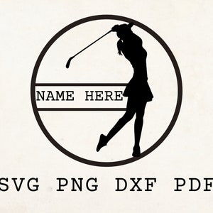 Jugadora de golf femenina svg, Archivo cortado con láser, Plantilla de pelota de golf, Archivo deportivo, Uso comercial, Plantilla de golf, Golf personalizado, nombre aquí