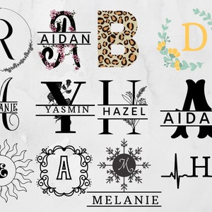K&ouml;nnte beinhalten: Eine Sammlung von 10 verschiedenen Monogramm-Designs mit verschiedenen Schriftarten, Stilen und floralen Elementen. Die Namen "Aidan", "Melanie", "Yasmin", "Hazel" und "&" sind in den Designs enthalten.