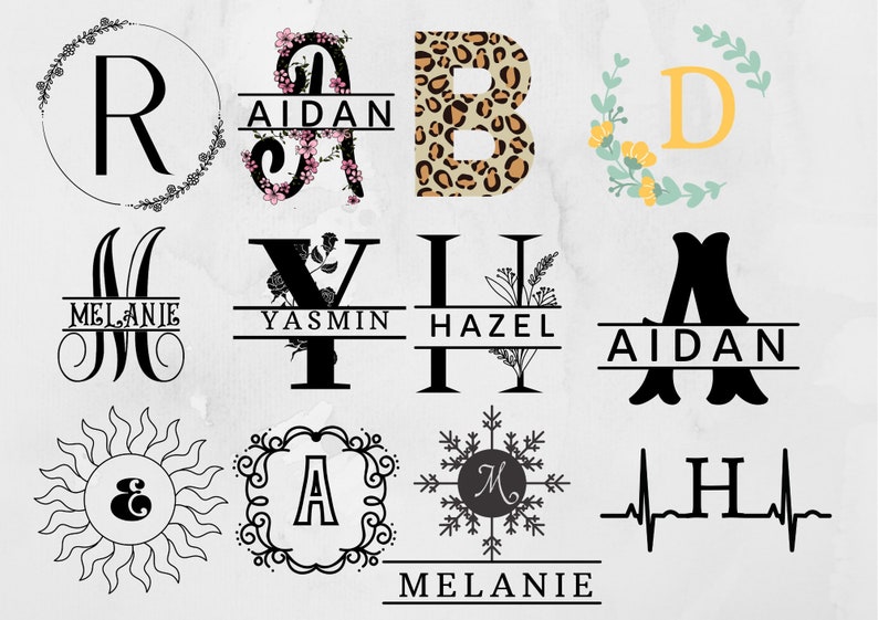 K&ouml;nnte beinhalten: Eine Sammlung von 10 verschiedenen Monogramm-Designs mit verschiedenen Schriftarten, Stilen und floralen Elementen. Die Namen "Aidan", "Melanie", "Yasmin", "Hazel" und "&" sind in den Designs enthalten.