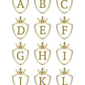 May include: A set of 12 gold shield-shaped logos with crowns and letters A through L.
