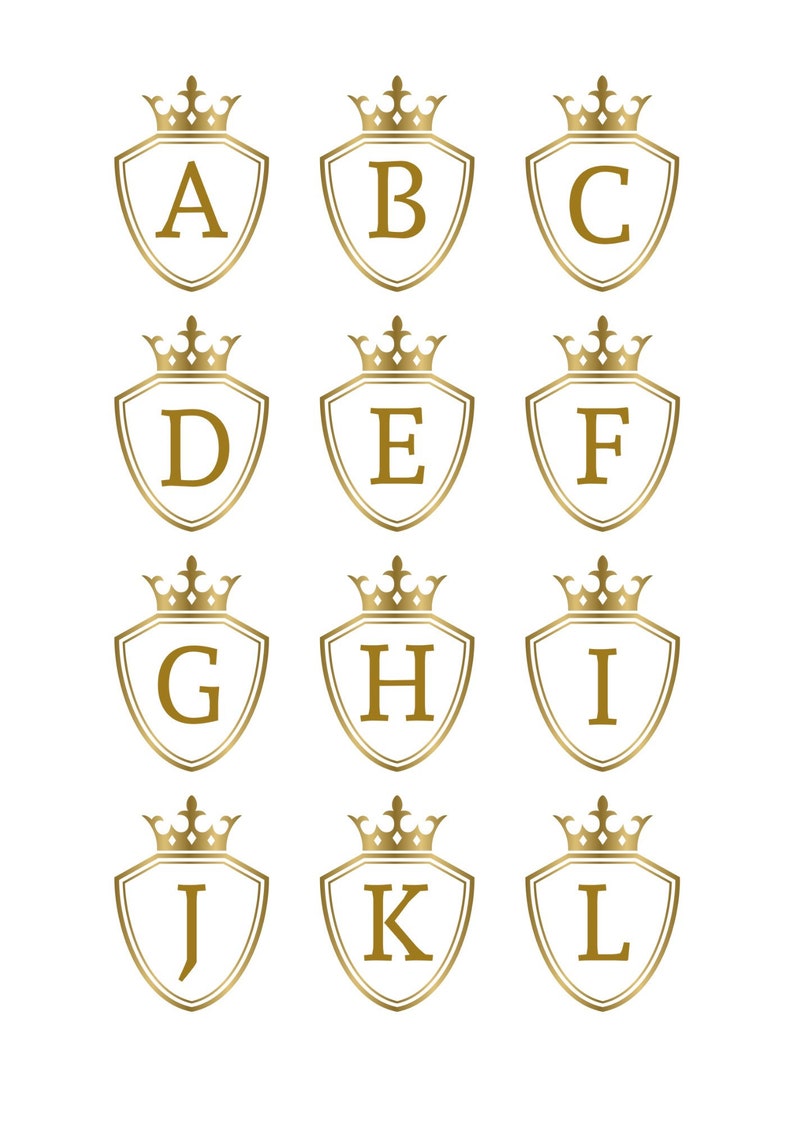 May include: A set of 12 gold shield-shaped logos with crowns and letters A through L.