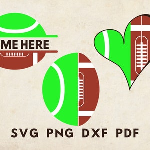 Pode incluir: Gráficos digitais com elementos de futebol americano e bola de tênis. Inclui um design com "NAME HERE", um design dividido e um coração. O texto "SVG PNG DXF PDF" também está presente.