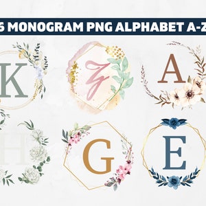 Krans Monogram PNG bundel, bloemenmonogram, eerste sjabloon, letter stencil, monogram alfabet, krans met letter, kunst aan de muur afdrukbaar