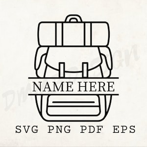 May include: Black and white line art illustration of a backpack with a rolled-up sleeping bag on top. The design includes a space for a name and the text "NAME HERE". Below the backpack are the file type options: SVG PNG PDF EPS.
