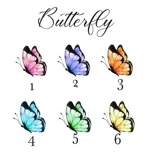 Puede incluir: Seis ilustraciones de mariposas de acuarela en diferentes colores, numeradas del 1 al 6. Las mariposas est&aacute;n todas mirando hacia el lado derecho de la imagen.