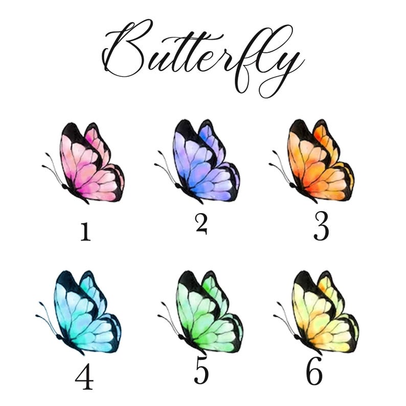Puede incluir: Seis ilustraciones de mariposas de acuarela en diferentes colores, numeradas del 1 al 6. Las mariposas est&aacute;n todas mirando hacia el lado derecho de la imagen.