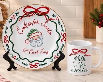 Personalized Santa Porcelain Plate and Mug Set-Christmas Eve-Family Party Decor-Christmas Cookie Tray for Santa