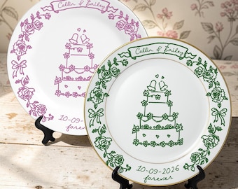 Gepersonaliseerd bruidstaartbord - Huwelijksgeschenk voor pasgetrouwden - Romantisch en speels keramisch bord - Jubileumcadeau - Geschikt voor aan tafel