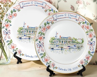 Gepersonaliseerde trouwlocatie porseleinen schotel-huwelijkscadeau voor pasgetrouwden-paar cadeau-romantisch grillig keramiek-verjaardagsbord