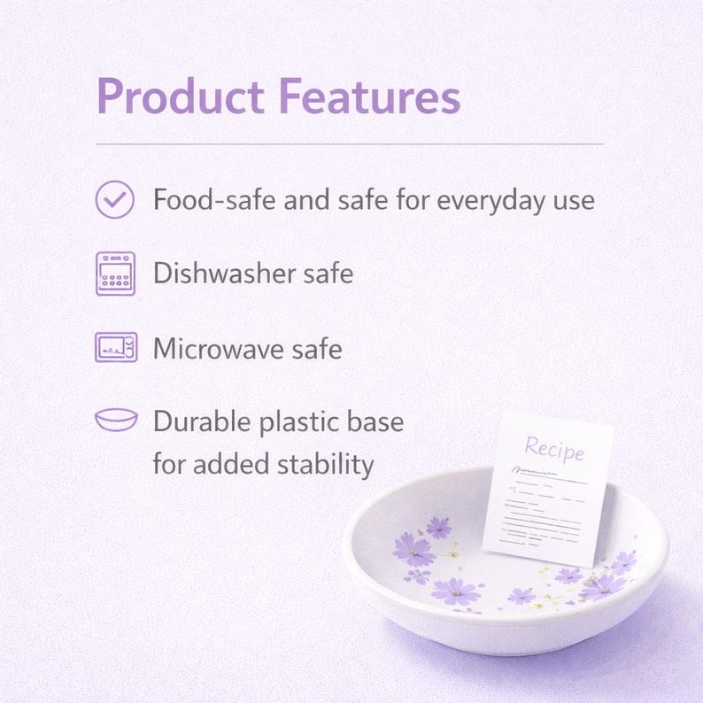 May include: A white bowl with purple floral patterns and a small card labeled Recipe. Text lists product features: Food-safe and safe for everyday use, Dishwasher safe, Microwave safe, and Durable plastic base for added stability.