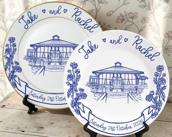 Gepersonaliseerde porseleinen schaal met trouwlocatie-thema - Huwelijksgeschenk voor pasgetrouwden - Cadeau voor een stel - Romantisch en speels keramisch bord - Jubileumbord