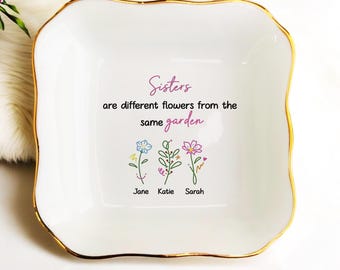 DOPTIKA Friends Are Flowers That Never Fade Personalized Jewelry Dish Tray With Birth Month Flower, Christmas Cute Gifts For Besties, Sister Gifts From Sister, Best Friend Birthday Gifts For Women