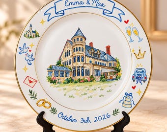 Personalized Venue Portrait Wedding Porcelain Platter Plate-Newlyweds Couple Gift-Romantic Whimsical Ceramic-Bride Gift-Anniversary Gifts