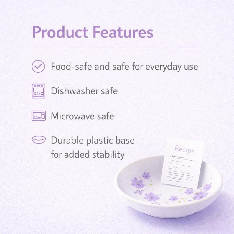 May include: A white bowl with purple floral patterns and a small card labeled Recipe. Text lists product features: Food-safe and safe for everyday use, Dishwasher safe, Microwave safe, and Durable plastic base for added stability.