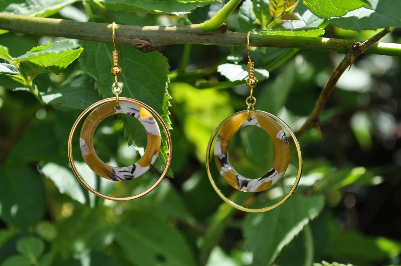 Crochet earring mustard acetate ring and a golden ring Etsy