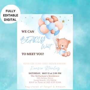 Editable We Can Bearly Wait Baby Shower Invitation, Blue Bear Balloon, Baby Shower Invitation, Blue Balloon, Baby Boy Shower Invitation 5x7&quot;
