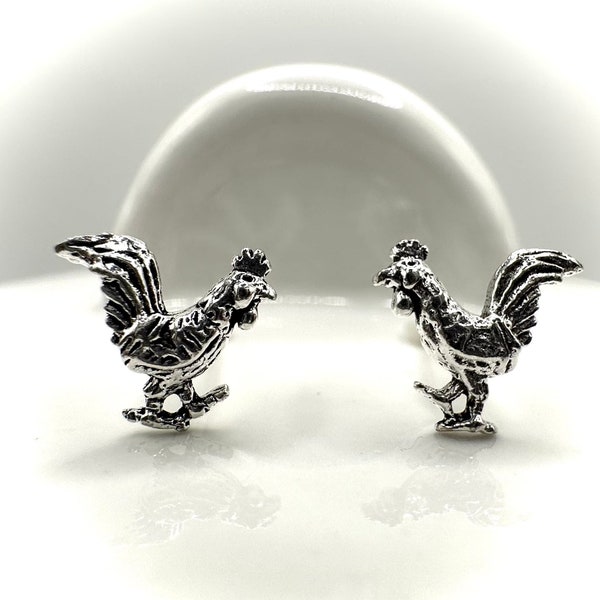 Silver What the Cluck Rooster Earrings, Chicken, Hen, Farm Animals, Bird, Bird Lover, Animal Lover, Boho Hippie, Natural, 925, Studs, Nature