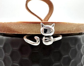 Silver Cat Purrfection Ring, Sterling Silver, Gift for Her, Open Front, Cat Jewelry, Animal Lover, Cat Lover, Nickel Free,925, Adjustable