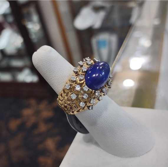 Vintage 18K Gold Lapis Lazuli & 0.75CT Diamond Ri… - image 1