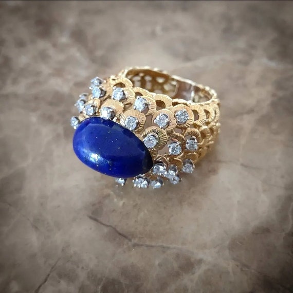 Vintage 18K Gold Lapis Lazuli & 0.75CT Diamond Ri… - image 3