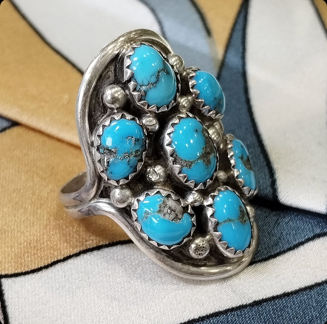 Vintage Navajo Sterling Silver Turquoise Saddle Ring With Iron Pyrite ...