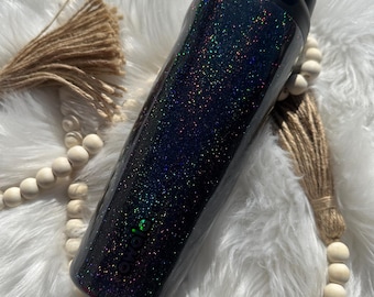 Bottiglia d'acqua Owala personalizzata, scura, con glitter olografici arcobaleno