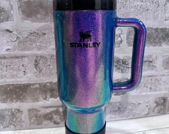 14, 20 and 30 oz authentic Stanley tumbler with iridescent color shift glitter.