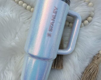 Authentic Stanley tumbler with iridescent opal color shift glitter added to the frost Stanley. Made to order