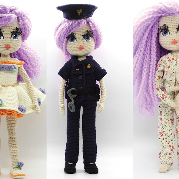 Nora | Police Cop Doll Set Amigurumi With A Sleep Buddy and Clothes Rack Hand Made Crochet Knit