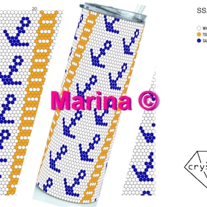 May include: A stainless steel tumbler with a white background, featuring a pattern of blue anchors and gold stripes. The word "Marina" is displayed in pink. The tumbler is designed with a straw and a lid.