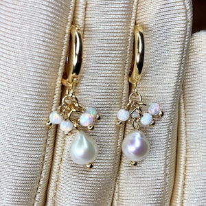 Opal & Pearl - white Fire Opal earrings with baroque natural freshwater pearl | 18k gold bridal jewelry | anniversary Christmas gift for her