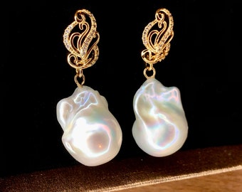 Diana - Large Flameball Baroque Pearl Earrings, Natural White Freshwater Baroque Pearl large baroque pearls Bridal Jewelry | Christmas gift