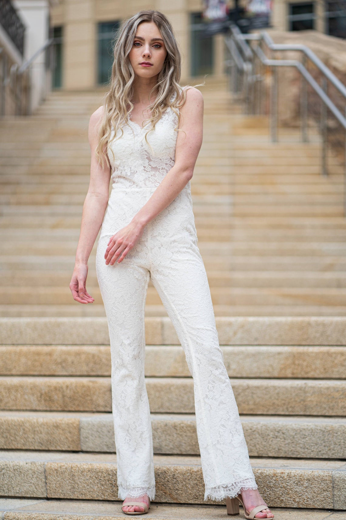 White Lace Wedding Jumpsuit With Trail Etsy