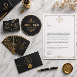 May include: A professional stationery set featuring black and gold business cards, a circular coaster, a letterhead with placeholder text, and an envelope with a gold wax seal. A black pen and gold paper clips are included in the collection.