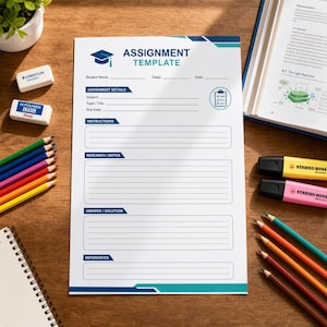 Op de afbeelding: Een wit sjabloonblad voor opdrachten met blauwe en turquoise accenten, voorzien van een icoon van een afstudeerhoed en de tekst Assignment Template. Het formulier bevat secties voor naam, klas, datum, opdrachtdetails, instructies en notities.