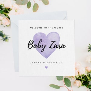 Personalised New Baby Card, New Baby Gift, Newborn Baby, Newborn Card, Newborn Gift, Muslim Baby, Custom Name, Purple Heart, NB011