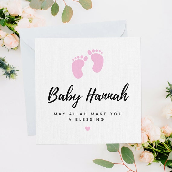 Personalised New Baby Card, Newborn Card, New Baby Gift, Newborn Baby,  Custom Name, New Baby Girl, Muslim Baby, Pink Feet Print, NB002