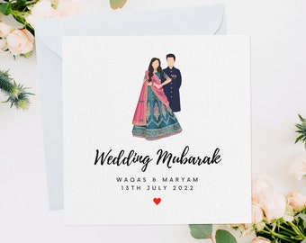 Puede incluir: Una tarjeta de invitación de boda con una ilustración de dibujos animados de una pareja con atuendo tradicional indio. El texto dice "Wedding Mubarak, Waqas & Maryam, 13th July 2022".