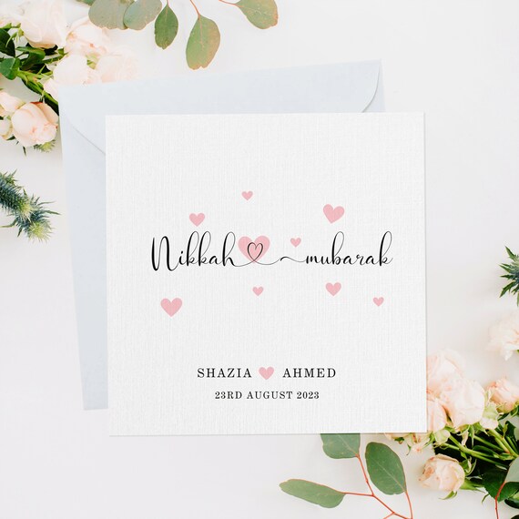 Personalised Nikkah Card, Nikkah Mubarak Gift, Muslim Wedding Gift, Islamic Wedding Card, Nikah Gift, Islamic Couple Gift, Cute Pink Hearts