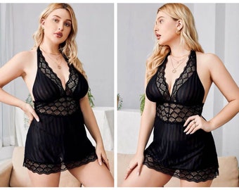 Lolita Petite to Plus Size Lingerie Voluptuous Black Sheer See Through Intricate Fan Design Lace Halter Bodycon Dress Lingerie Nightgown