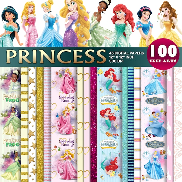 papiers scrapbooking, Princess Clipart, Princess card, Princess Digital Paper, Party, Princess Birthday, Background, Kit papers, Patterns