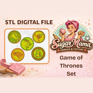 May include: An image featuring a set of "Game of Thrones" themed cookie cutters and a digital file. The cutters are in the shape of various house sigils. The image also includes the "Sugar Mama Cookies & Cutters" logo and the text "STL DIGITAL FILE".
