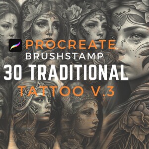 Puede incluir: Una ilustración digital de 30 diseños de tatuajes tradicionales para Procreate. Los diseños presentan rostros de mujeres con detalles intrincados y elementos florales. El texto "Procreate Brushstamp 30 Traditional Tattoo V.3" se muestra en la imagen.