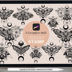 May include: A digital illustration of 51 geometric moth brush stamps. The moths are black and white and have intricate details. The text "51 Geomatics Moth Brush Stamp" is in the center of the image.