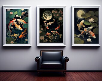 koi fish art | koi fish art print | set of 3 wall art |  koi fish art prints | koi fish  printable | koi fish  poster | JPG