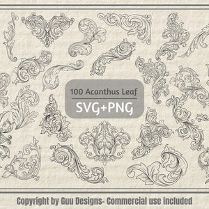 May include: A collection of 100 black and white acanthus leaf SVG and PNG files. The image shows a variety of leaf designs, perfect for crafting and design projects.
