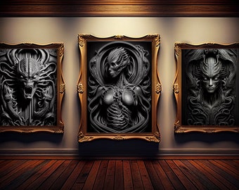 Giger kunst aan de muur | giger kunstprint | set van 3 kunst aan de muur | giger kunstafdrukken | giger afdrukbaar | giger-poster | JPG