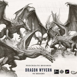 Timbri drago Wyvern, timbri procreate, pennelli procreate, adesivo drago, drago barbuto, arte del drago,